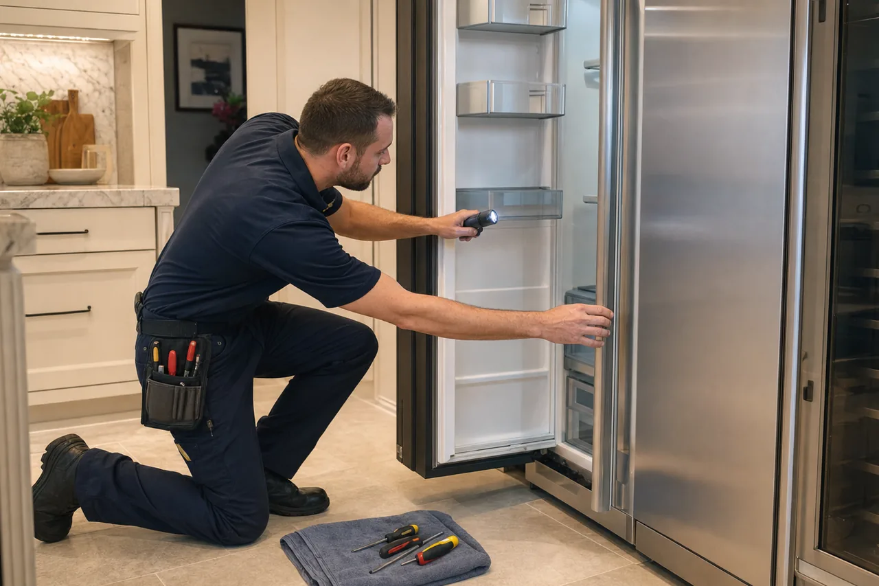 A technician servicing a stainless professional-style range in a Darien, CT kitchen